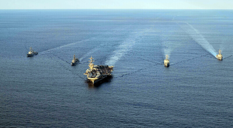 South Korea, US and Japan conduct a joint naval drill in the waters southeast of Jeju Island on Nov. 26 with the stated intent of deterring North Korean nuclear and missile threats. (courtesy of US Navy)