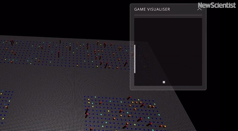 접시뇌의 전극판과 컴퓨터 아케이드 게임 ‘퐁’ 화면. 뉴사이언티스트 동영상 갈무리