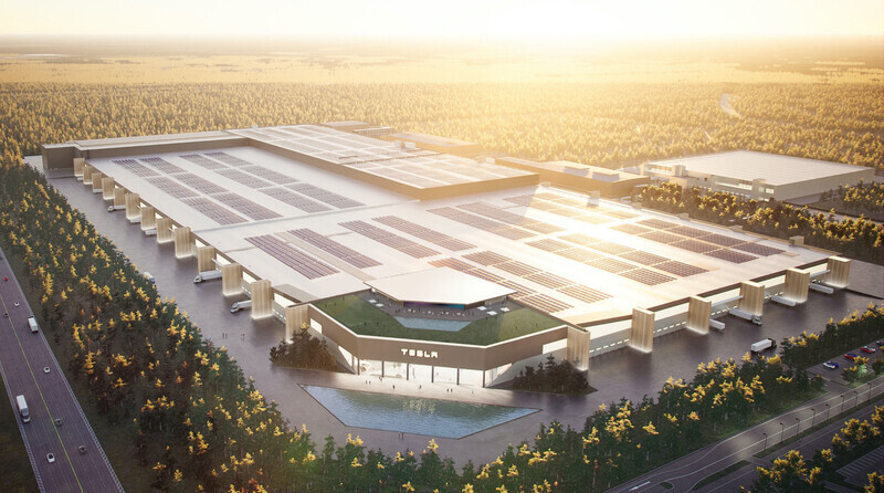 An artistic representation of Tesla’s Berlin Gigafactory, which will begin operations this summer. (Courtesy of Tesla)
