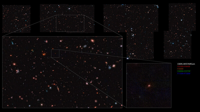 발견자들이 메이지은하로 명명한 빅뱅 2억9천만년 후의 은하(오른쪽 아래 확대 사진). 오스틴텍사스대 제공