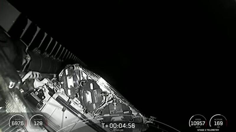 A Starlink satellite flying into low Earth orbit on a Falcon 9 rocket.  Web broadcast capture
