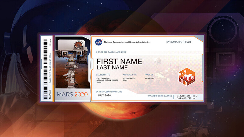 Sample souvenir boarding pass to Mars (NASA screenshot)
