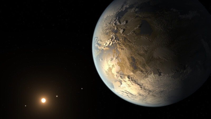 2014년 케플러우주망원경이 발견한 골디락스존에 있는 최초의 지구 크기 외계행성 ‘케플러-186f’ 상상도. 지구에서 580광년 떨어진 백조자리의 적색왜성 케플러-186을 도는 5개 행성 가운데 하나다. 나사 제공