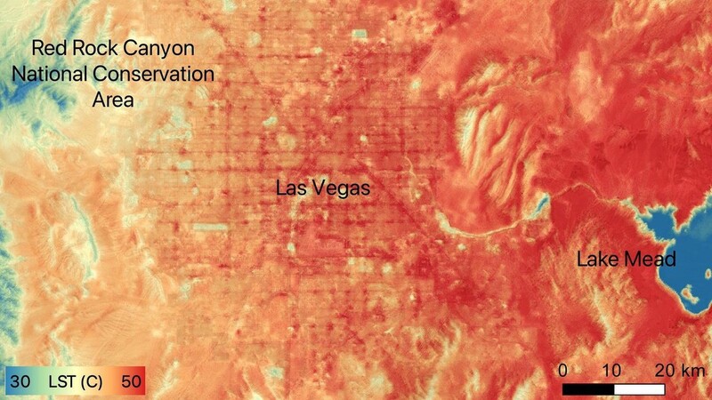 6월10일 오후 5시23분 라스베가스와 그 주변 지역의 지표면 온도. 가장 뜨거운 표면은 50도가 넘는 아스팔트 포장도로였다. 미국항공우주국 제공