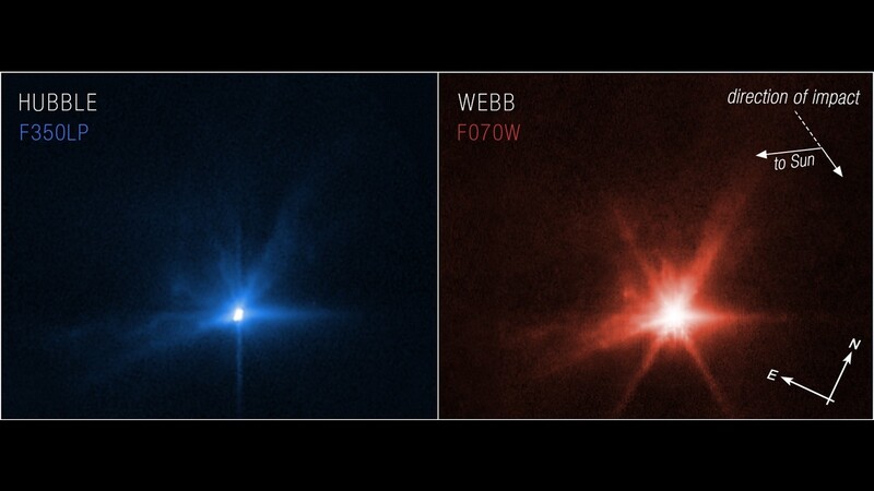 다트 우주선이 소행성 디모르포스에 충돌한 직후 허블우주망원경(왼쪽)과 제임스웹우주망원경이 찍은 사진. 나사 제공