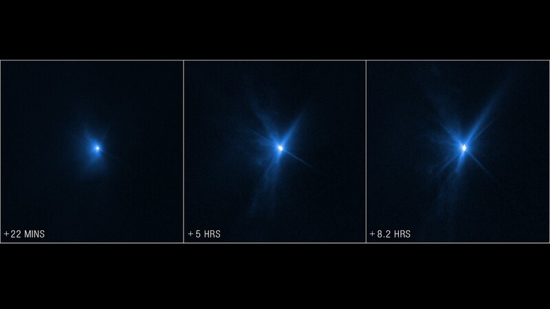 충돌 후 22분, 5시간, 8.2시간이 지나서 찍은 허블우주망원경 사진. 나사 제공