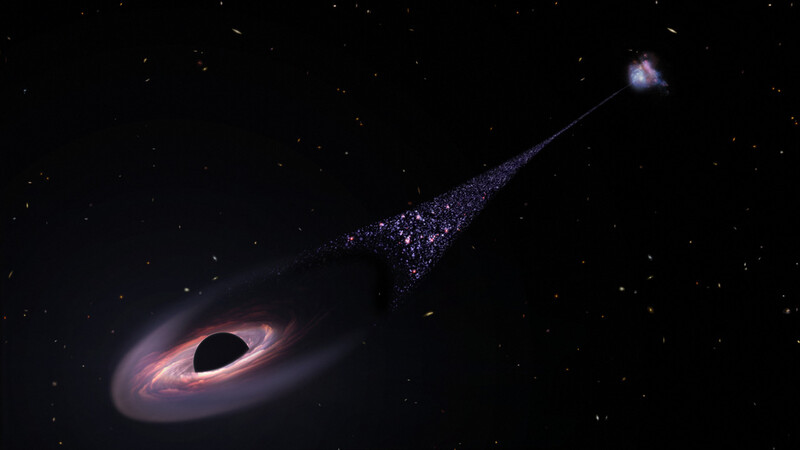 은하의 중심을 탈출한 초거대질량 블랙홀이 은하계를 질주해 가는 장면 상상도. 블랙홀이 앞에 있는 가스를 압축하면서 뒤쪽에서 아기별(푸른색) 무리가 탄생하고 있다. 허블우주망원경이 관측한 20만광년 길이의 항적운을 토대로 그린 그림이다. NASA, ESA, Leah Hustak(STScI) 제공
