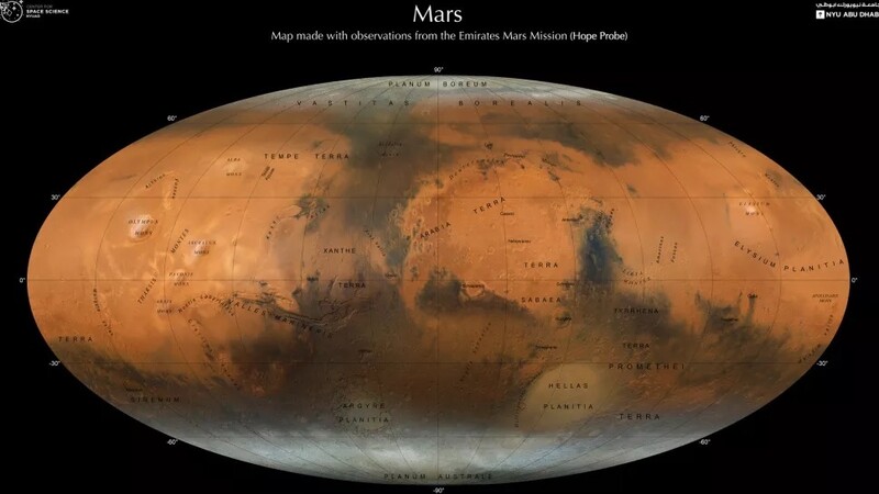 아말 궤도선이 촬영한 3천장의 사진을 합성해 만든 화성 지도. 아부다비뉴욕대 제공