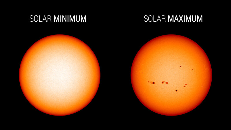 미 항공우주국의 정지궤도 태양 관측 위성 SDO(Solar Dynamics Observatory)에서 촬영한 태양 흑점 수의 변화. 왼쪽은 2019년 12월의 태양 극소기, 오른쪽은 2014년 4월의 태양 극대기 사진이다. 미 항공우주국 제공