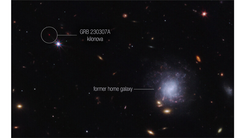 제임스웹우주망원경의 근적외선 기기로 촬영한 GRB 230307A 킬로노바와 12만광년 거리에 있는 모은하. 나사 제공
