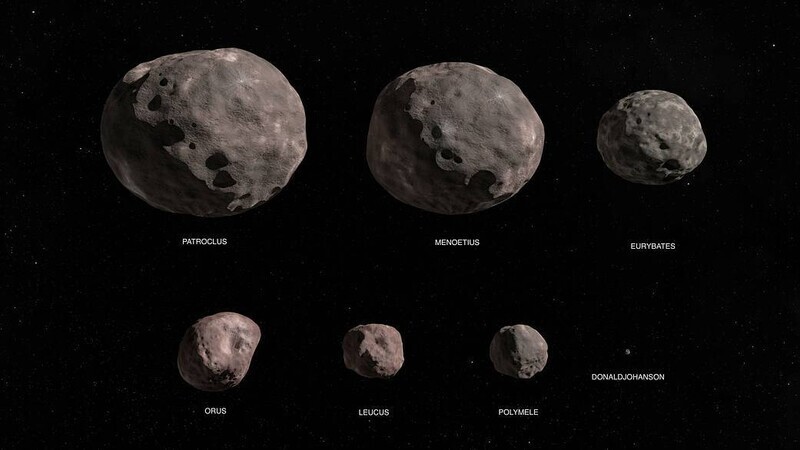 루시가 탐사하게 될 소행성들. 윗줄 왼쪽부터 파트로클루스, 메노에슈스, 유리바티즈, 도널드요한슨, 팔리멜레, 류쿠스, 오루스. 나사 제공