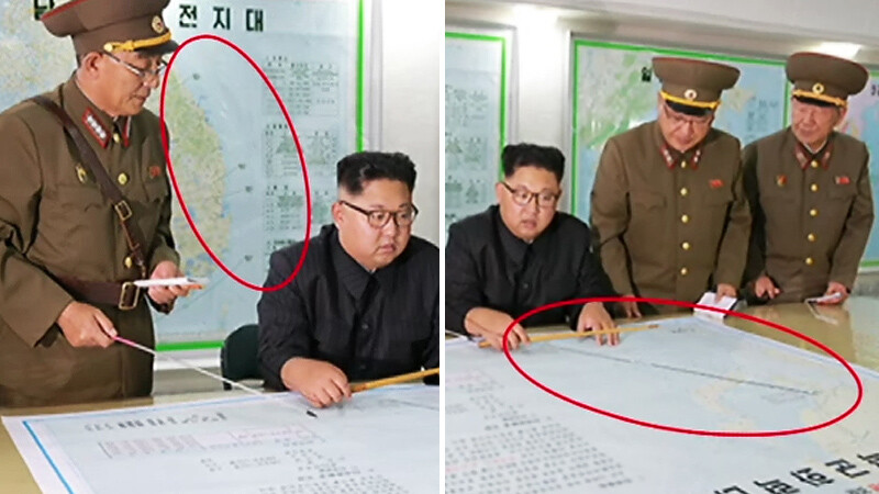 The map behind Kim Jong-un shows the four distinct areas of the South Joseon (Korea) Operating Zone