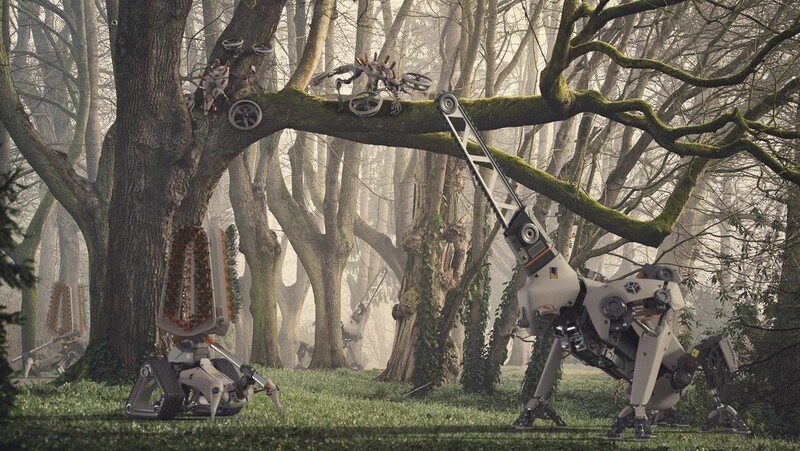 숲 관리 로봇팀. 나뭇가지 위에 있는 것이 드론형 로봇 리코, 그 아래 딕슨(왼쪽)과 청크가 있다. 사진 출처 https://www.segevkaspi.com/forestrangerdriuds