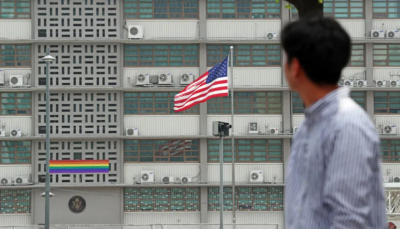 Rainbow flag hangs from US Embassy in Seoul, symbolizing LGBT pride