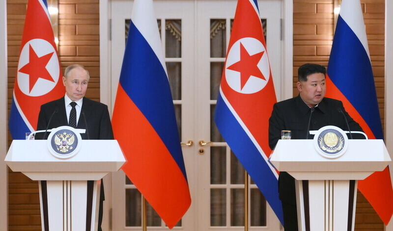 Russian President Vladimir Putin and North Korean leader Kim Jong-un make a joint statement after their summit in Pyongyang on June 19, 2024. (EPA/Yonhap)