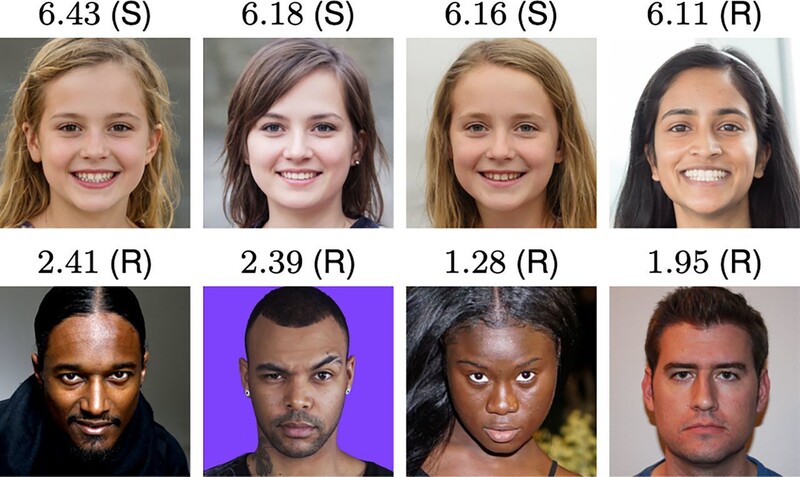 Faces with the highest scores for confidence (top row) and faces with the lowest scores (bottom row).  Provided by PNAS