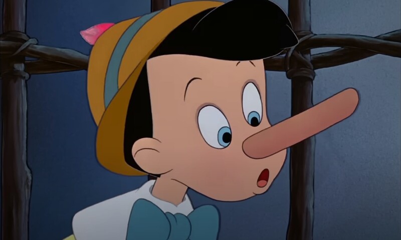 동화 ‘피노키오의 모험’에서 주인공 피노키오는 거짓말을 할 때마다 코가 커지는 벌을 받는다. 디즈니 영화 갈무리