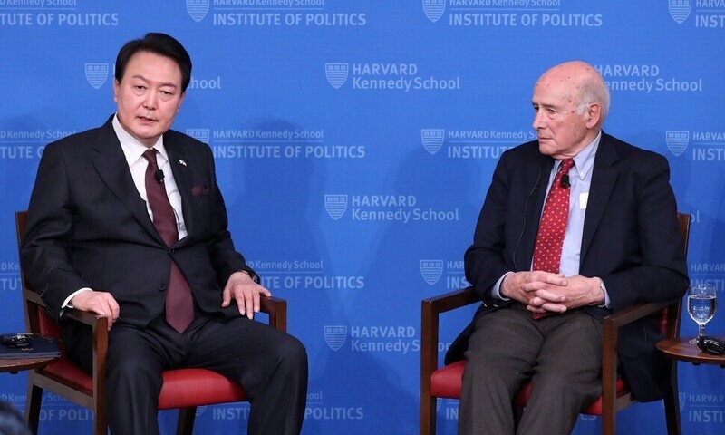 President Yoon Suk-yeol of South Korea takes part in a forum with Professor Emeritus Joseph Nye of Harvard University following the former’s address to the Harvard Kennedy School on April 28. (Yonhap)