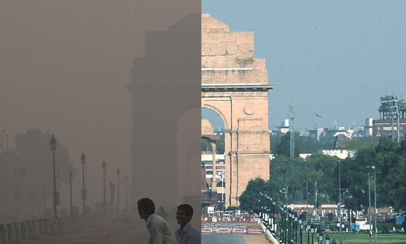 인도 델리의 상징 조형물 ‘인디아 게이트’ 앞 거리. 지난해 봄 전국 이동제한 조처 이전(왼쪽)과 이후의 모습이 확연히 다르다. 뉴델리/AP 신화 연합뉴스