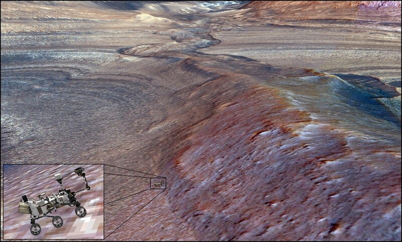 큐리오시티가 오른 게디즈 발리스 능선이 입체 그림. 높이가 21미터에 이른다. 미 항공우주국 제공