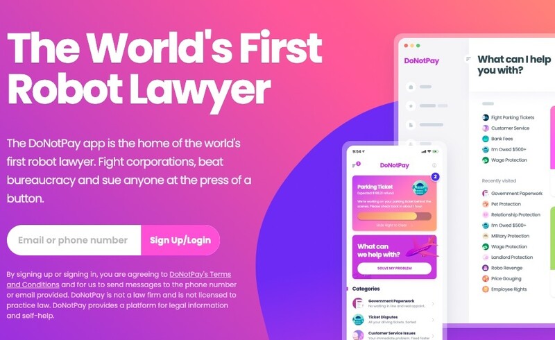 ‘세계 최초의 로봇 변호사’를 구호로 내세운 두낫페이의 웹사이트
