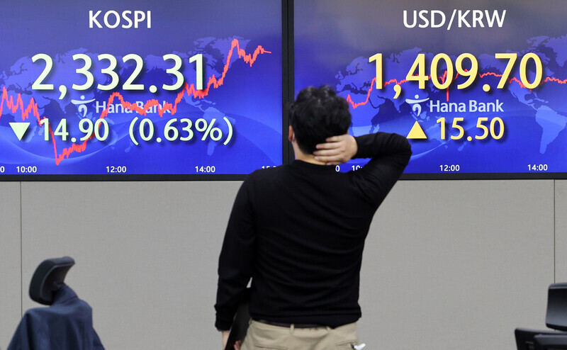 Monitors at Hana Bank’s dealing room in downtown Seoul display the KOSPI and exchange rate figures on Sept. 22. (Yonhap)