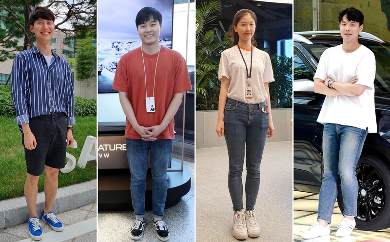 From the left are pictured workers at major South Korean companies who are now permitted to dress casually at the office: Kang Min-gu