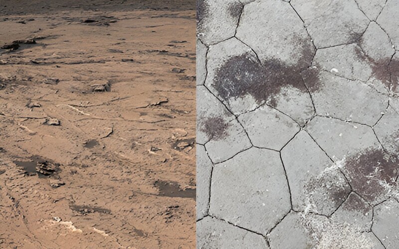 진흙이 갈라진 모양은 화성이 습윤-건조 순환주기를 갖고 있었음을 시사한다. 왼쪽은 큐리오시티가 현재 탐사 중인 게일 충돌구의 지형. 오른쪽은 습윤-건조 순환이 만든 지구의 육각형 진흙 균열. 네이처 (2023). DOI: 10.1038/s41586-023-06220-3