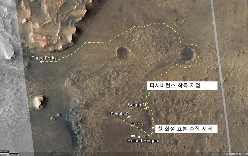 퍼시비런스의 이동 경로. 지금은 1단계로 착륙 지점에서 아래쪽을 탐사하고 있다. 나사 제공