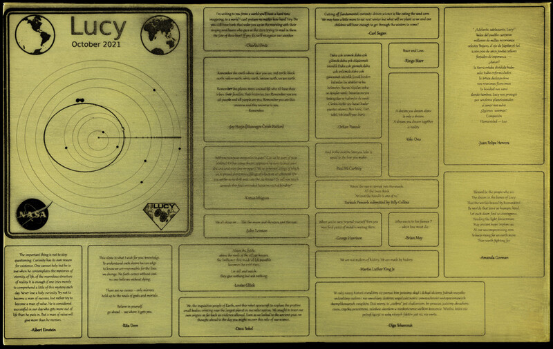 7월9일 소행성 탐사선 루시에 탑재된 타임캡슐 금속판. 나사 제공