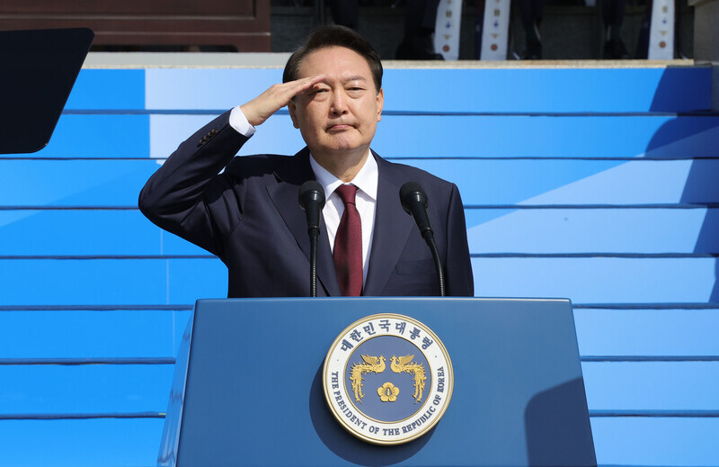 President Yoon Suk-yeol salutes troops while attending an Armed Forces Day in Gyeryongdae complex in South Chungcheong Province on Oct. 1. (presidential pool photo)