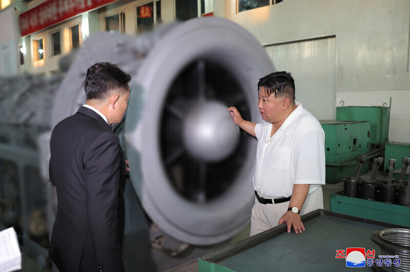 North Korea’s state-run Rodong Sinmun reported on Sept. 3 that leader Kim Jong-un had given on-site direction at the Pukjung Machine Complex and a major munitions plant. (KCNA/Yonhap)