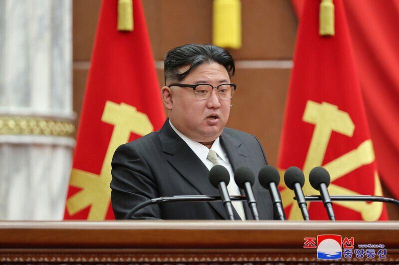 North Korean leader Kim Jong-un speaks at the ninth enlarged plenary meeting of the eighth Central Committee of the Workers’ Party of Korea, on Dec. 30, 2023. (KCNA/Yonhap)