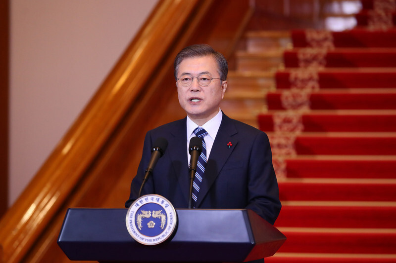 South Korean President Moon Jae-in gives his New Year’s press address at the Blue House on Jan. 7.