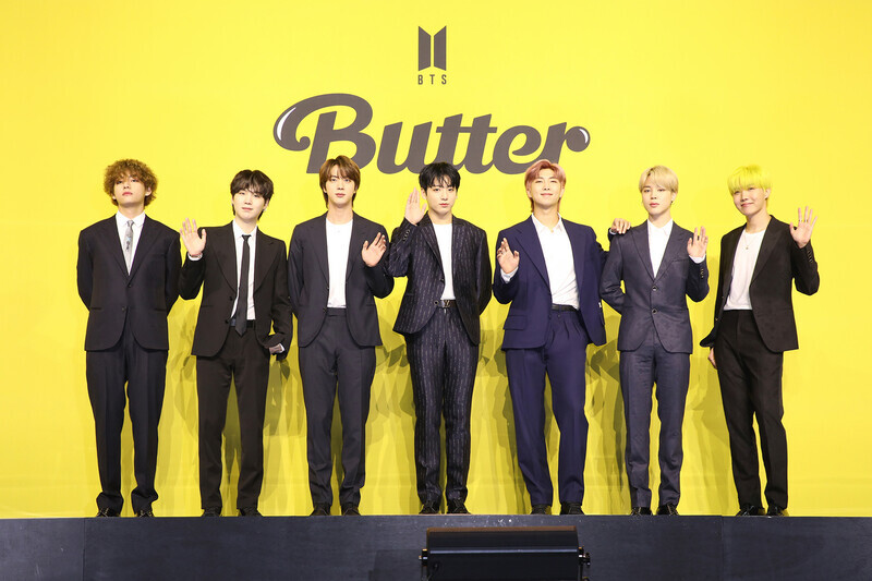 Members of BTS pose for a photo at a press conference held in Seoul for the release of their new single “Butter” on May 21. (provided by Bit Hit Music)