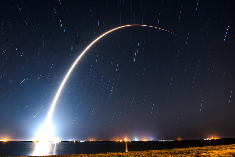 The ascending trajectory of a SpaceX Falcon 9 rocket after takeoff.  Provided by SpaceX