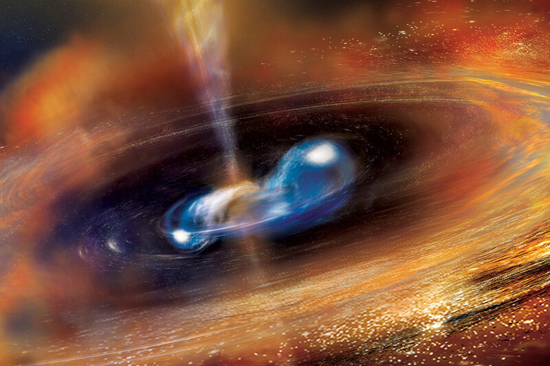 쌍을 이루고 있는 2개의 중성자별이 합쳐지는 모습(상상도). 나사 고다드우주비행센터 제공