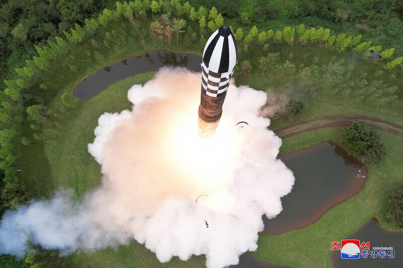 This photo, released by North Korean state media, shows the July 12 launch of the solid-fuel Hwasong-18 ICBM. (KCNA/Yonhap)