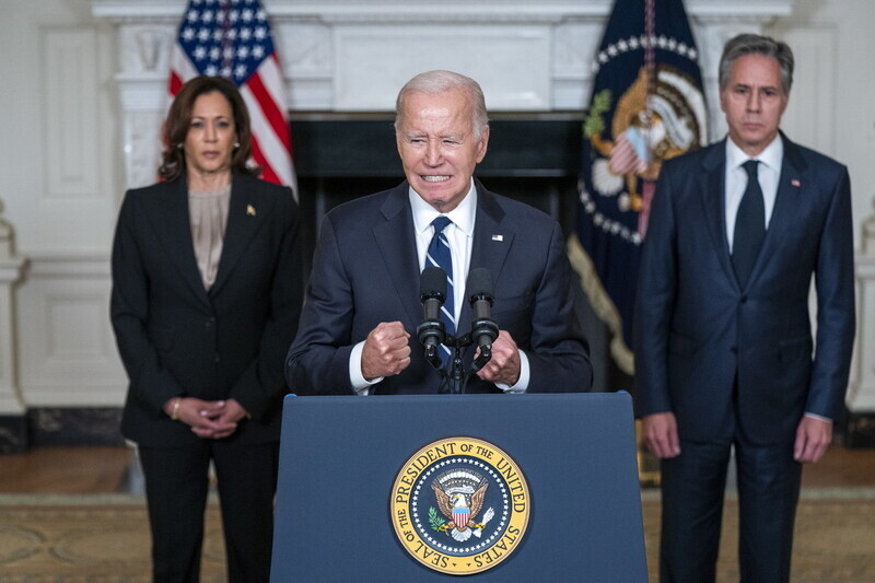 President Joe Biden of the United States gives a speech from the White House on Oct. 10, 2023, about the military clash between Israel and Hamas. (EPA/Yonhap)