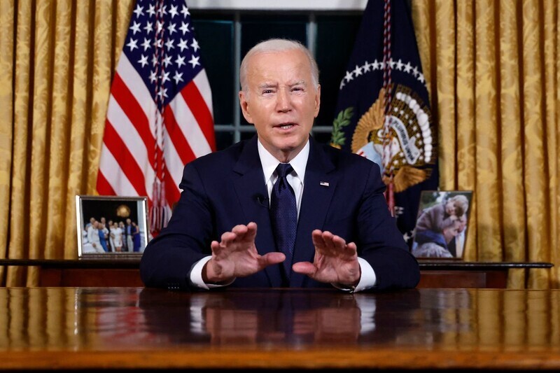 US President Joe Biden addresses America from the White House Oval Office on Oct. 19, 2023, regarding the military clash between Hamas and Israel.