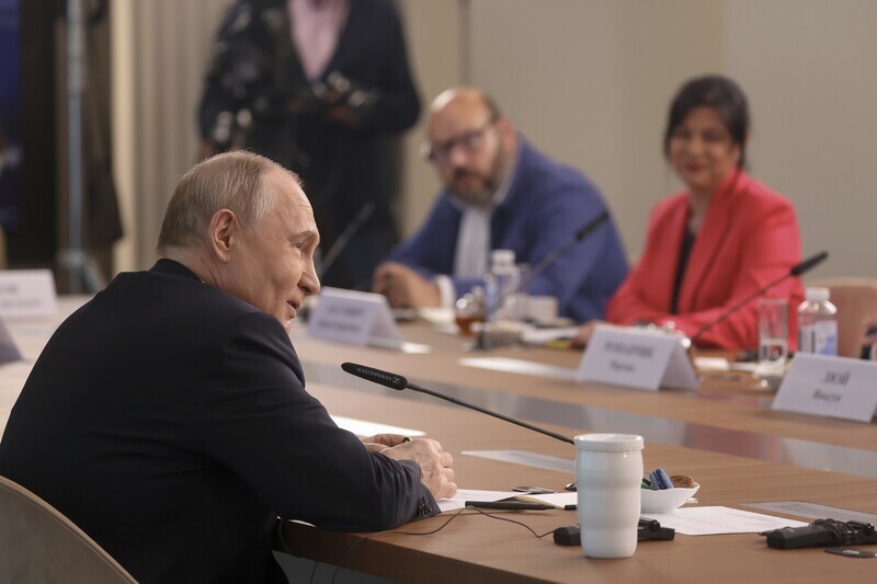 Russian President Vladimir Putin speaks with representatives of the foreign press on June 5, 2024, in St. Petersburg. (AP/Yonhap)