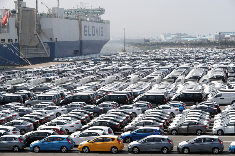 Cars waiting to be exported from the Hyundai Motor port in Ulsan