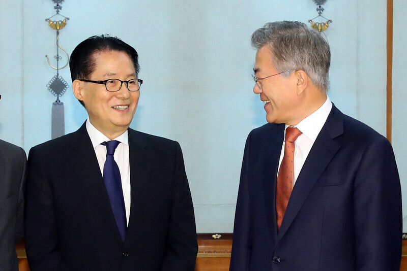 South Korean President Moon Jae-in and Park Jie-won, who was recently nominated by Moon to be the new director of the National Intelligence Service, back in April 2018 at the Blue House. (Blue House photo pool)