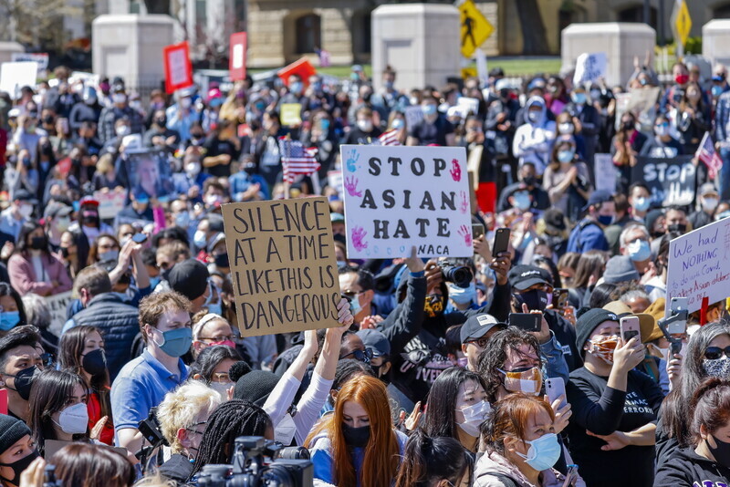 Protesters gather outside the Georgia State Capitol in Atlanta on March 20 to show their support for the Asian American community. (EPA/Yonhap News)
