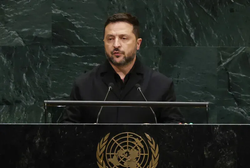 Ukrainian President Volodymyr Zelenskyy speaks before the UN General Assembly at the United Nations headquarters in New York, US, on Sept. 23, 2026. (UPI/Yonhap)