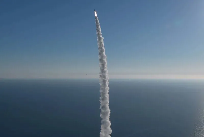 An image of the first test launch of South Korea’s homegrown hypersonic glide vehicle on Oct. 8, 2026, released by the Blue House on Oct. 9. (courtesy Blue House)