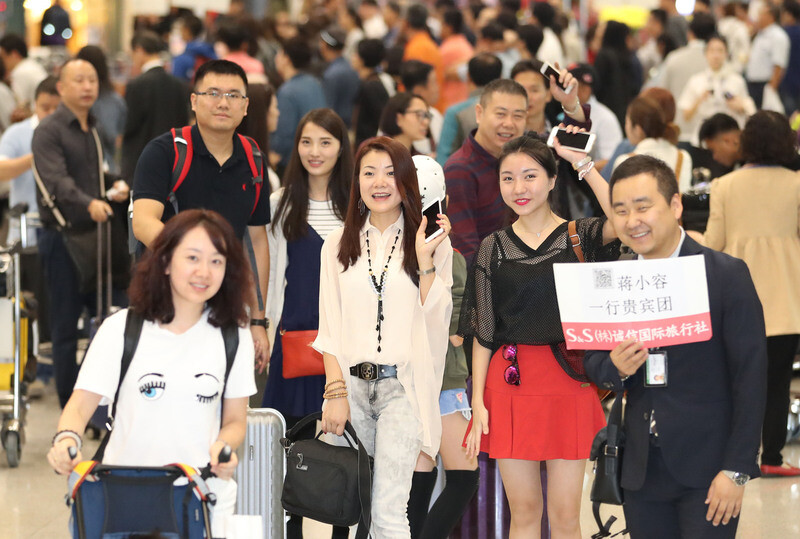 Chinese tourists visiting South Korea in March 2017. The Chinese government banned group tours to the country that month