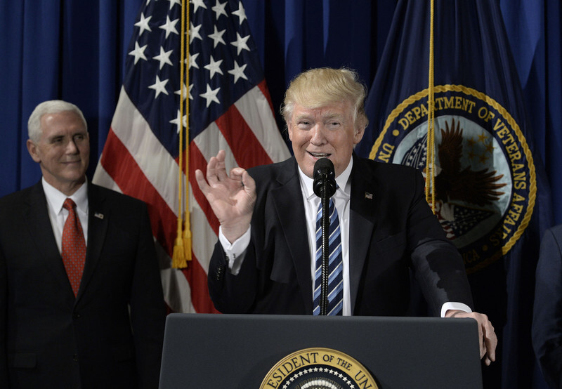 US President Donald Trump speaks at the Department of Veteran Affairs in Washington DC on Apr. 27. (UPI/Yonhap News)