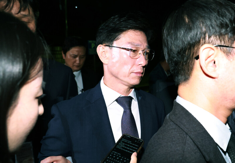 채 상병 순직 당시 부대장이었던 임성근 전 해병대1사단장이 지난 23일 서울 서초구 서울중앙지방법원에서 열린 구속 전 피의자 심문(영장실질심사)을 마친 뒤 법원을 나서고 있다. 연합뉴스