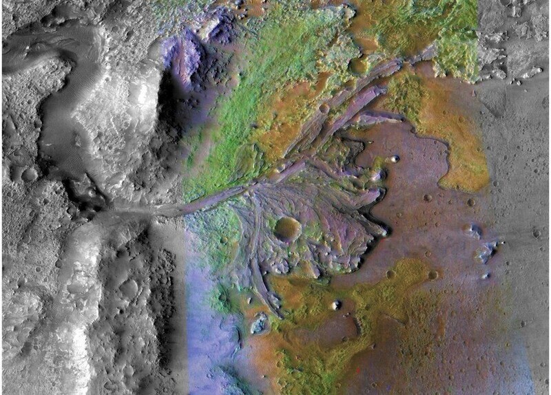 False color image of the delta in Jezero Crater (provided by NASA)
